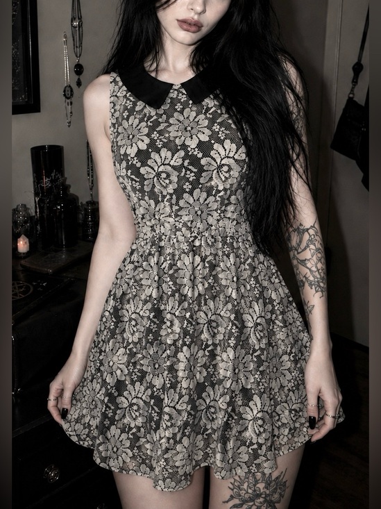 Disturbia Dresses & Skirts - Gothic Doll Black Lace Floral Fit-and-Flare Dress with Detail Collar- Women’s